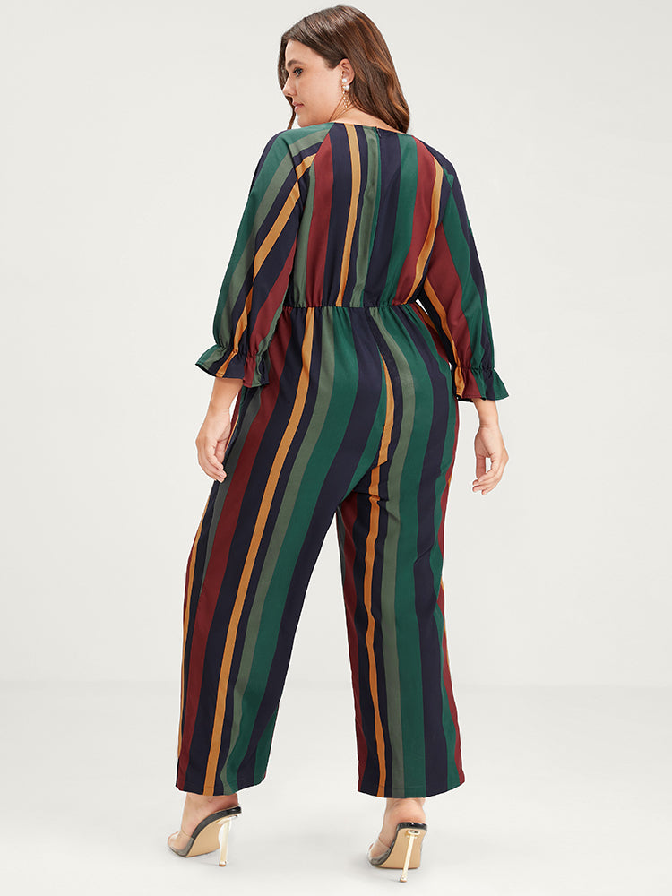 Striped Button Lantern Sleeve Pocket Wrap Elastic Waist Jumpsuit