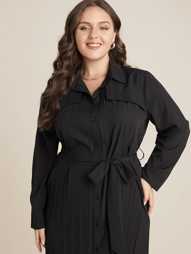 Solid Belted Pleated Shirt Collar Dress