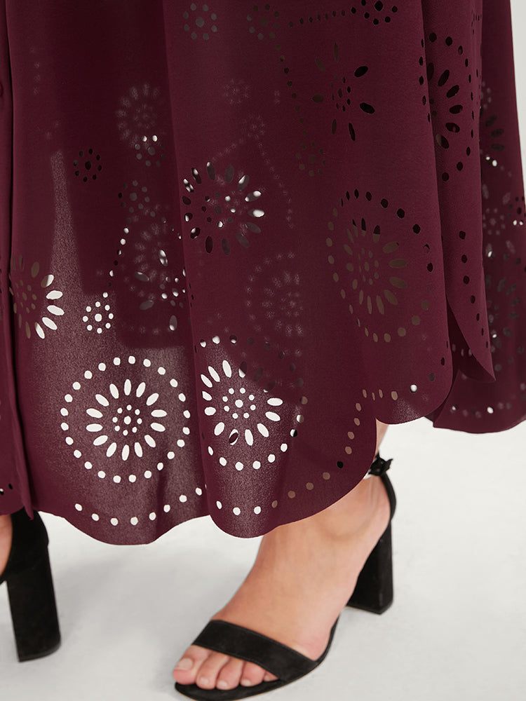 Solid Button Detail Belted Pocket Laser Cut Arc Hem Dress