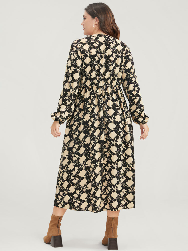Floral Lantern Sleeve Pocket V Neck Midi Dress
