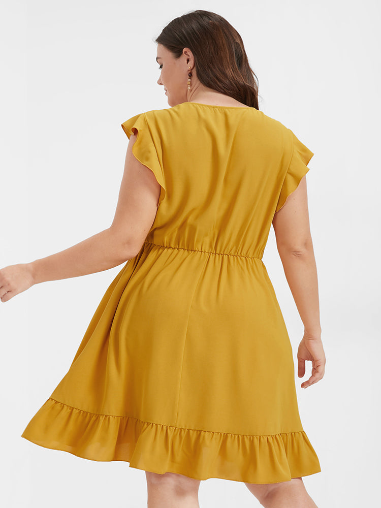 Plain Knotted Eyelet Lace Ruffles Trim Short Dress