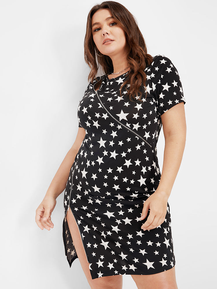 Star Print Zip Up Bodycon Short Dress