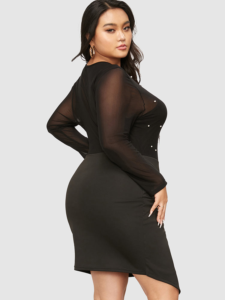 Beaded Contrast Mesh Wrap Bodycon Dress