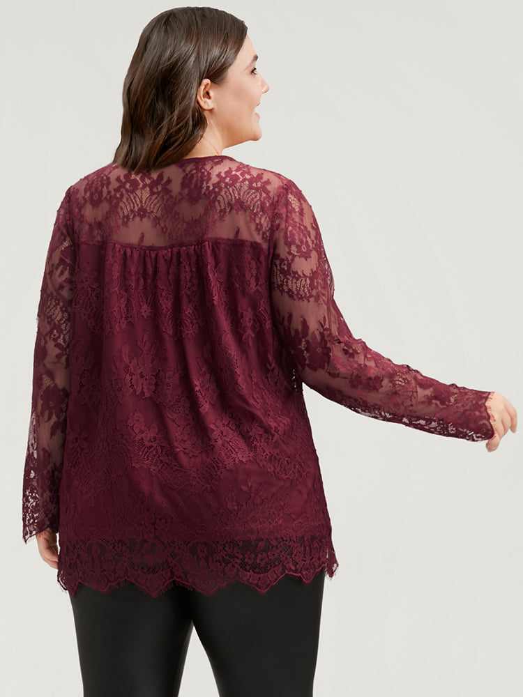 Floral Lace Mesh Round Neck Blouse