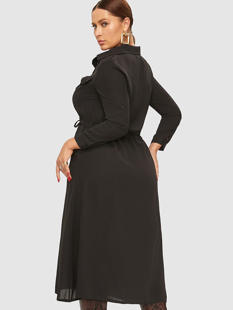 Solid Button Drawstring Shirt Dress
