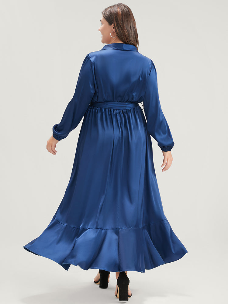 Solid Wrap Flutter Asymmetrical Hem Belted Satin Maxi Dress