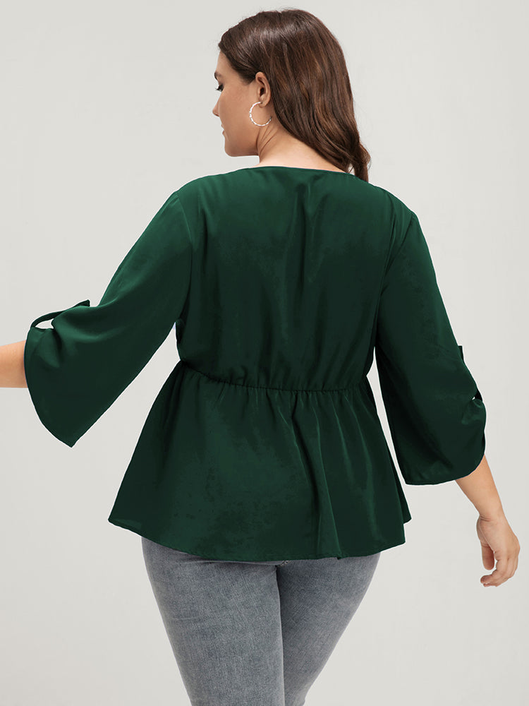 Solid Ties Button Sleeve Flutter Lapel Collar Blouse