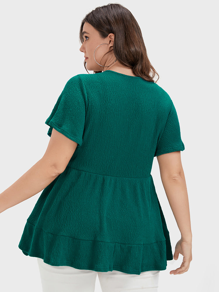 Plain Ruffles Button Scoop Neck T-shirt