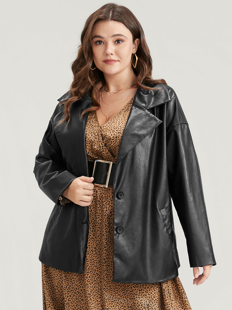 PU Leather Pocket Suit Collar Blazer