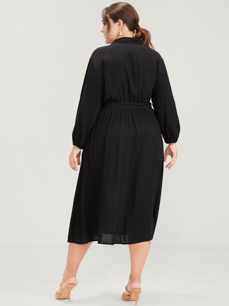 Plain Pocket Belted Lapel Collar Midi Dress