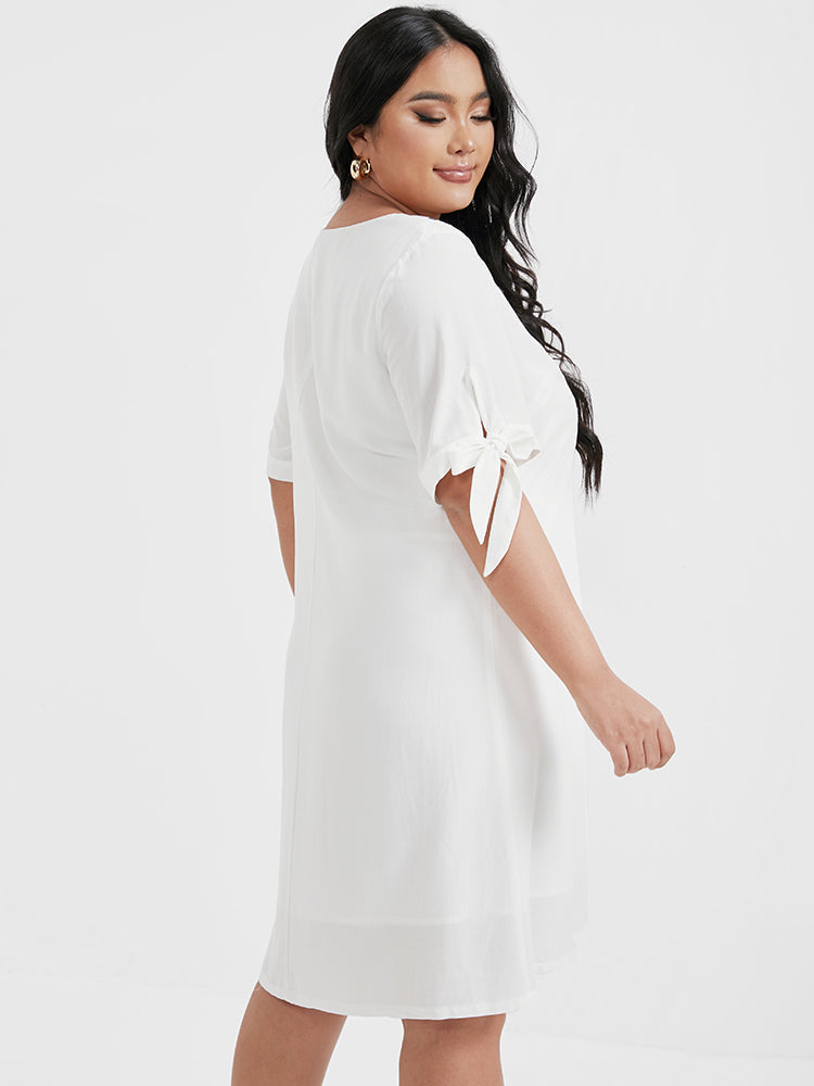 Plain Printed Knotted Sleeve V Neck Dress