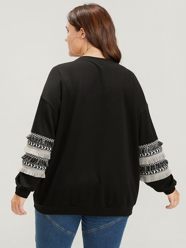Plain Geometric Tape Fringe Trim Drop Shoulder Sweatshirt