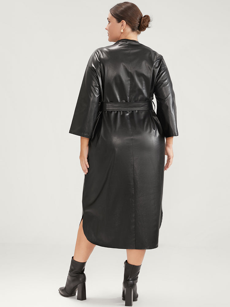 PU Leather Pocket Belted Arc Hem Dress