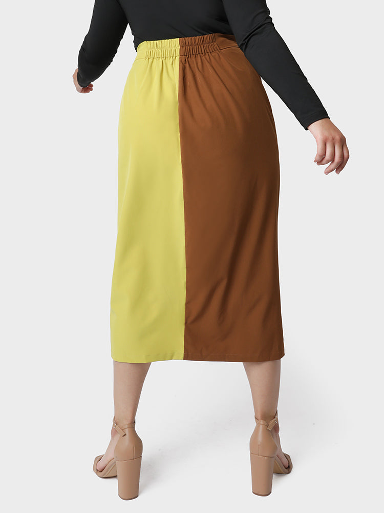 Button Patchwork Split Hem Skirt