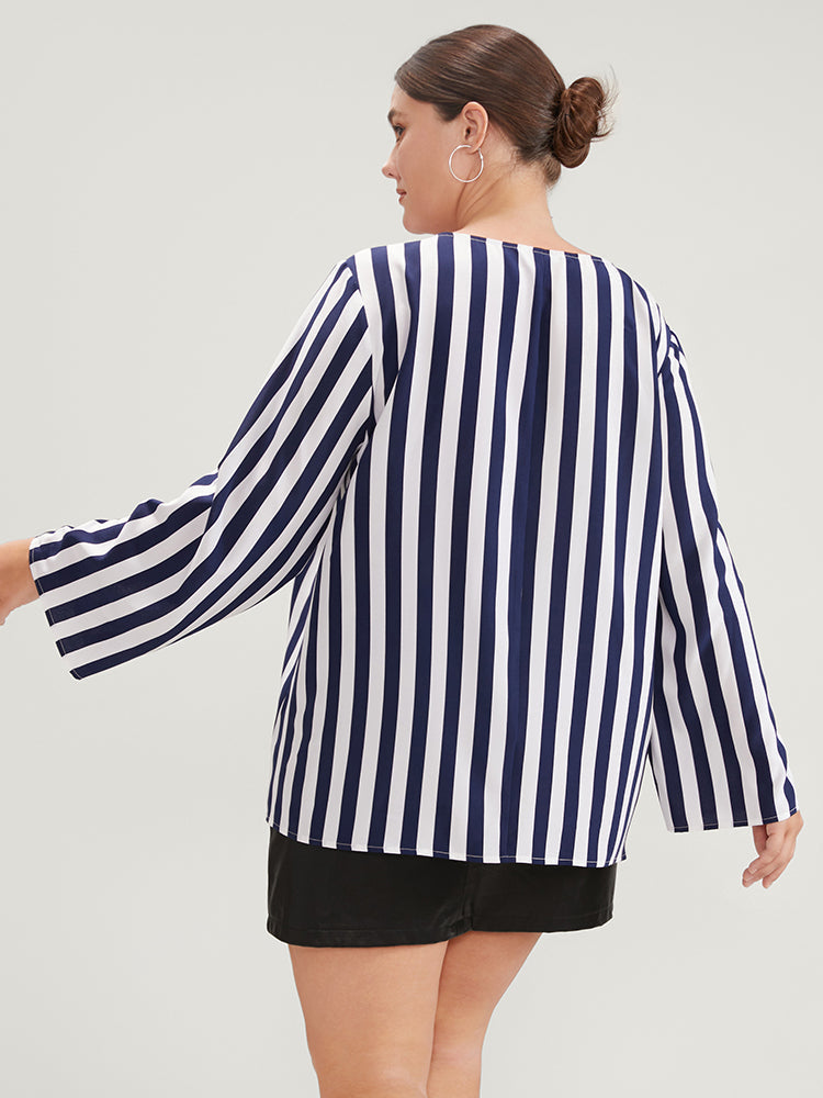 Striped Roll Sleeve Half Zipper Blouse