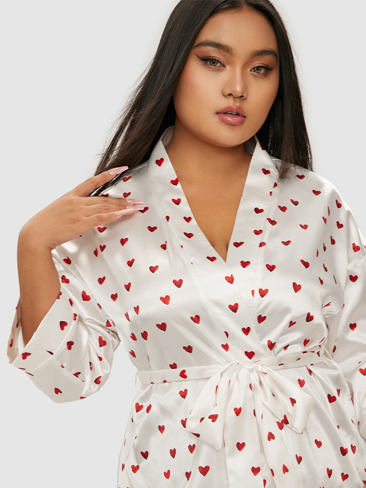 Heart Pattern Belted Satin Lounge Dress