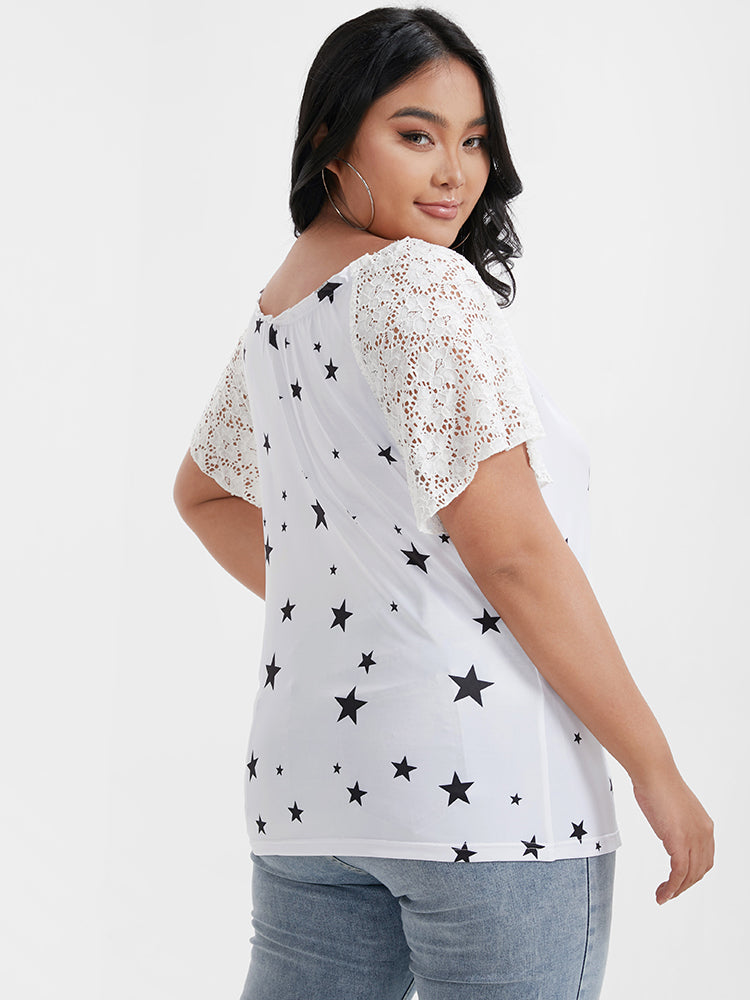 Star Contrast Lace Ruffles Ties Keyhole T-shirt