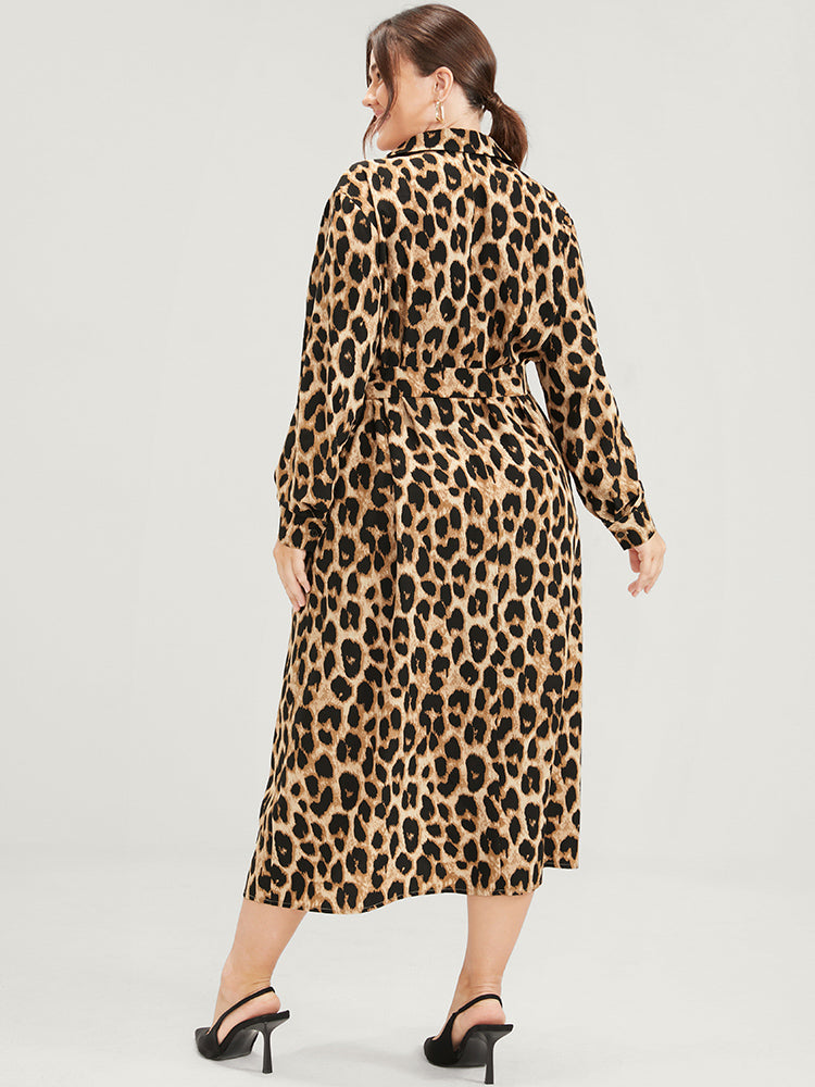 Leopard Pocket Button Belted Shirt Collar Midi Dress