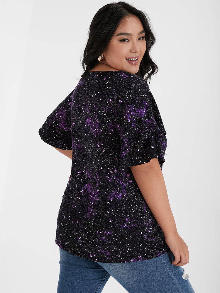 Galaxy Ruffles Sleeve Button V Neck T-shirt