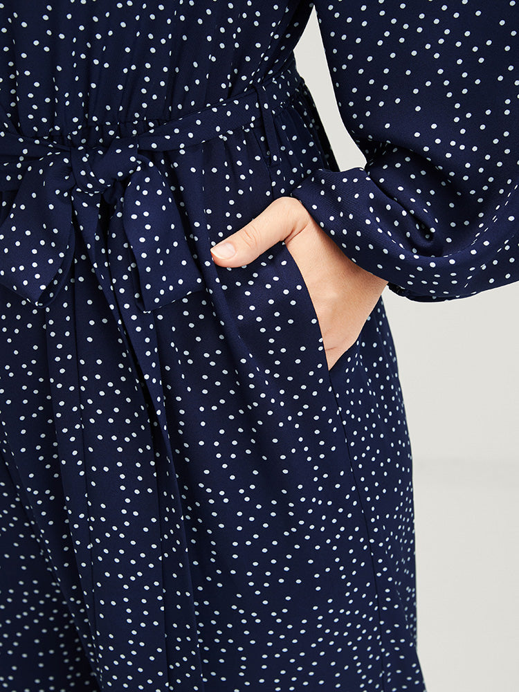 Polka Dot Belted Lantern Sleeve Pocket Button Wrap Jumpsuit