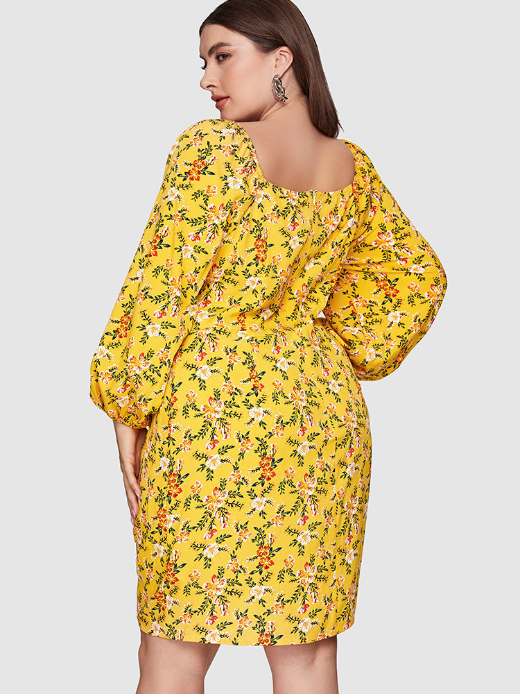 Ditsy Floral Ruched Drawstring Bodycon Dress