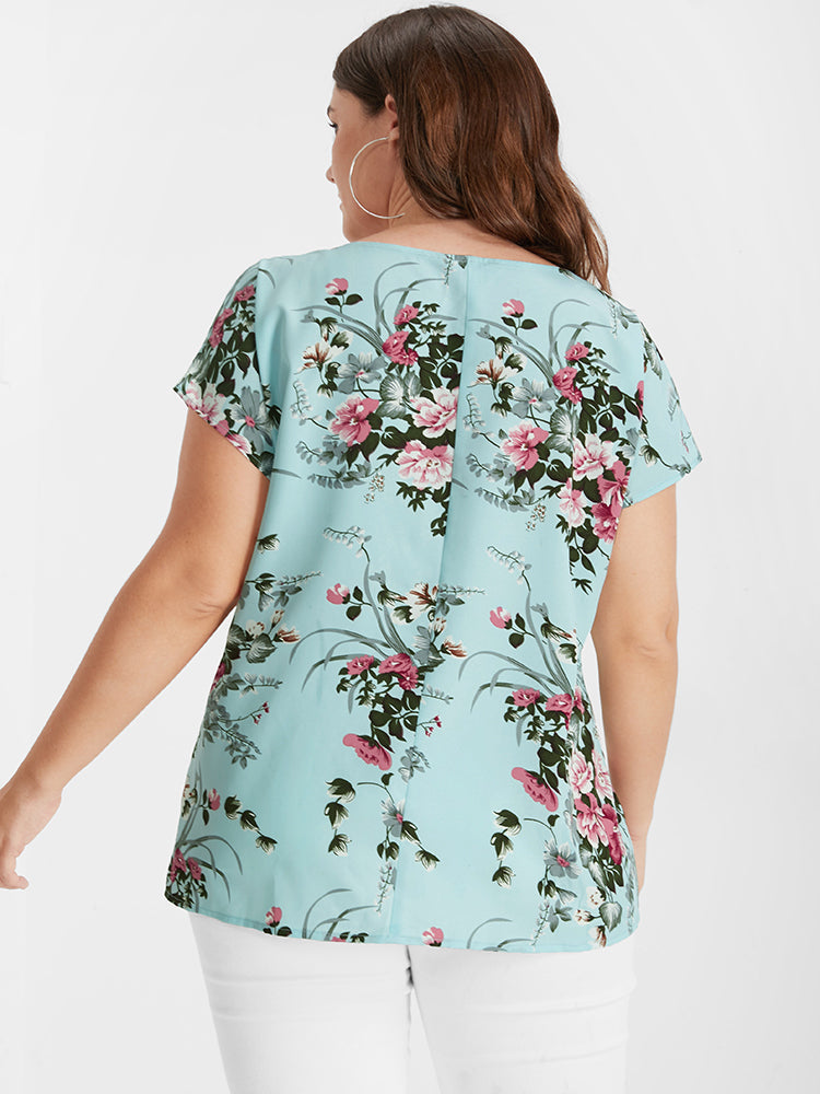 Floral Lace Trim V Neck Blouse