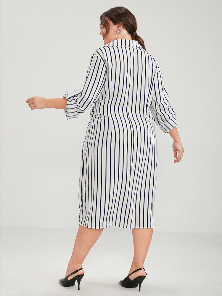 Striped Contrast Pocket Knotted Cuffed Sleeve Button Up Dress