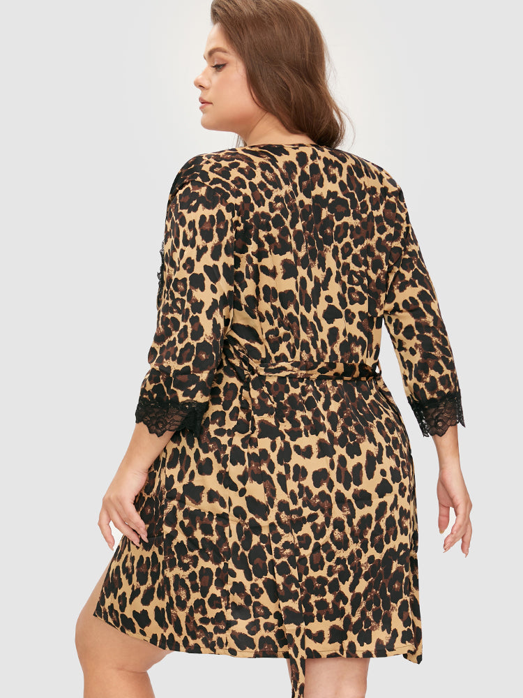 Leopard Lace Trim Cami Dress & Robe