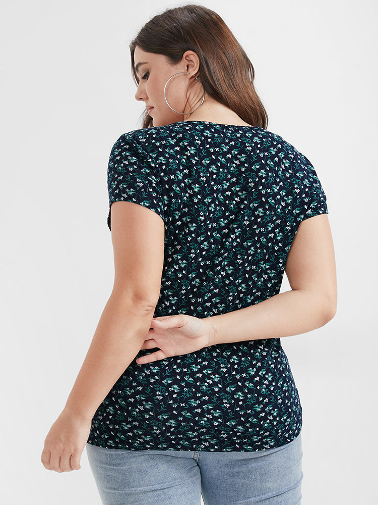 Ditsy Floral Button V Neck T-shirt