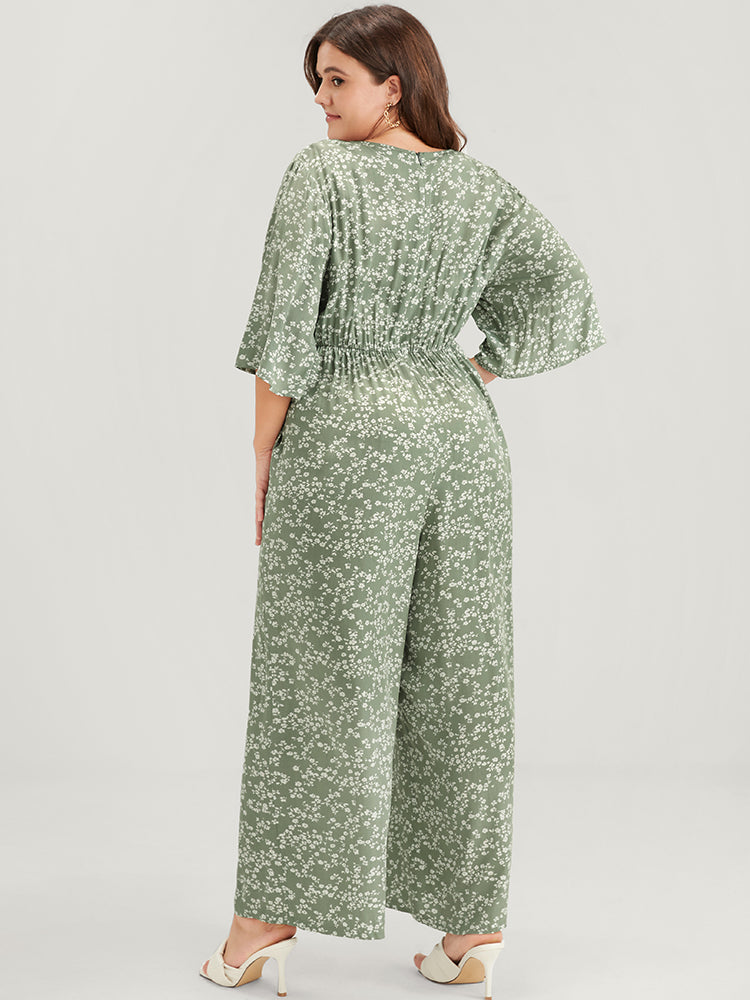 Ditsy Floral Pocket Elastic Waist Flutter Sleeve Wrap Jumpsuit