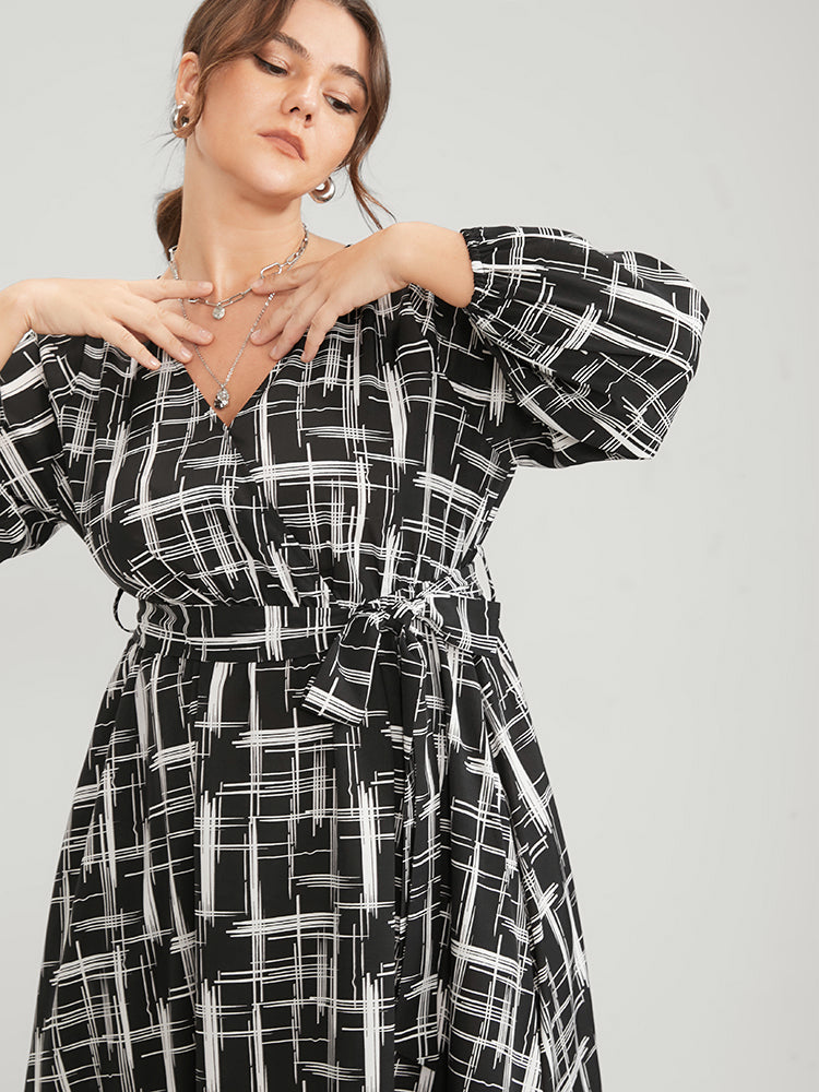 Geometric Surplice Neck Pocket Lantern Sleeve Belted Dress