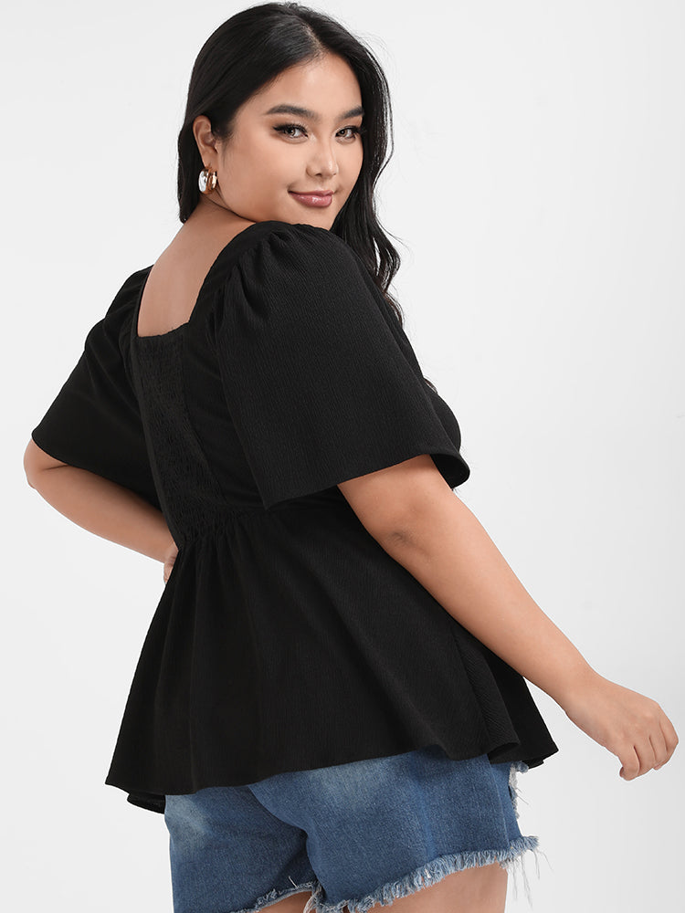 Solid Gathered Button Backless V Neck Blouse