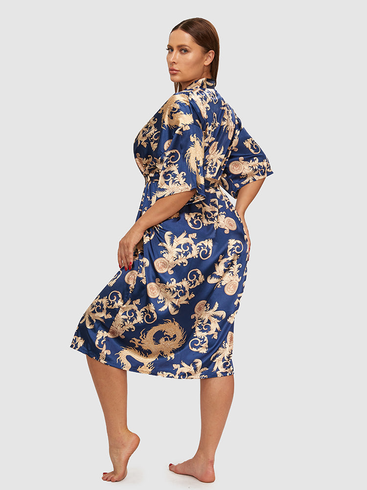 Scarf Art Print Satin Belted Night Robe