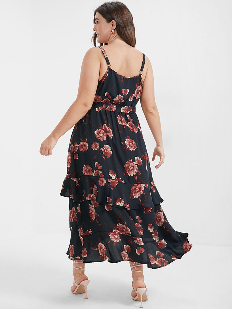 Floral Backless Ruffles Tiered Belted Cami Dress