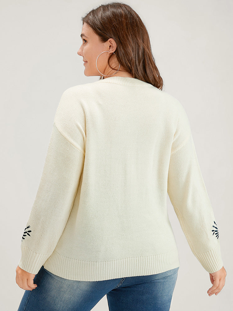 Solid Pointelle Knit Round Neck Floral Embroidered Knit Top