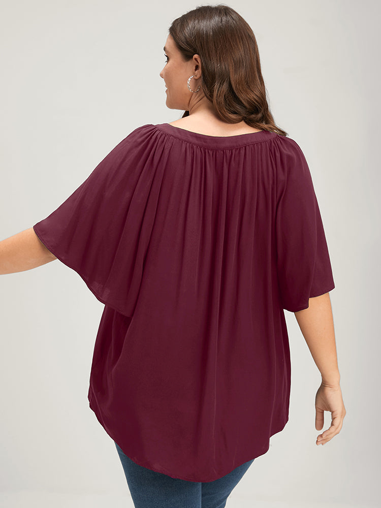 Solid V Neck Flutter Loose Blouse