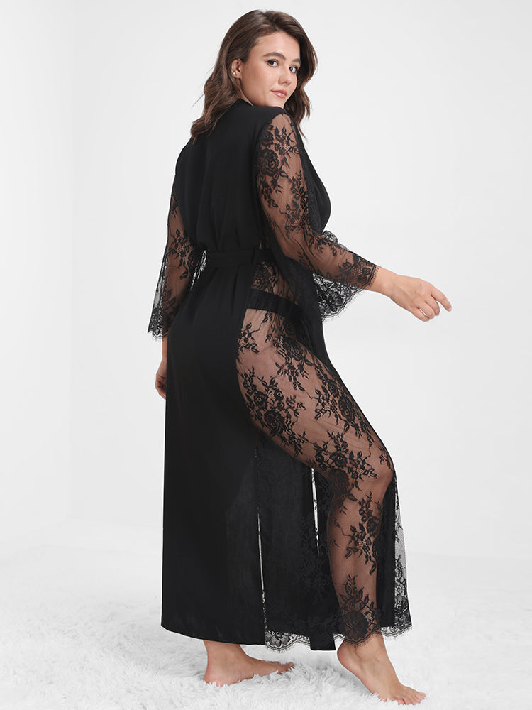 Contrast Eyelash Lace Belted Robe Without Lingerie