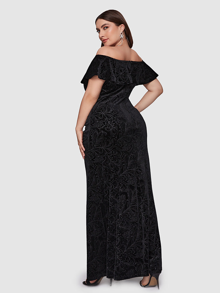 Velvet Floral Print Ruffled Ruched Split Dress