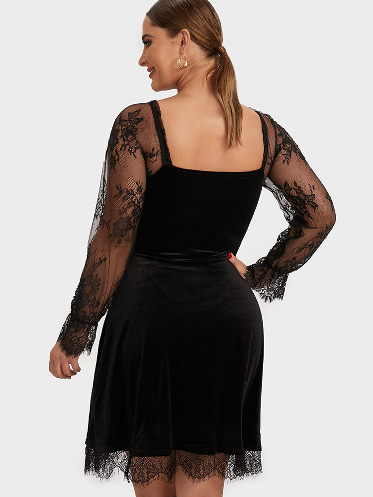 Solid Contrast Lace Sleeve Dress