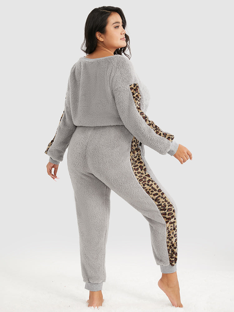 Leopard Panel Drawstring Flannel Lounge Set