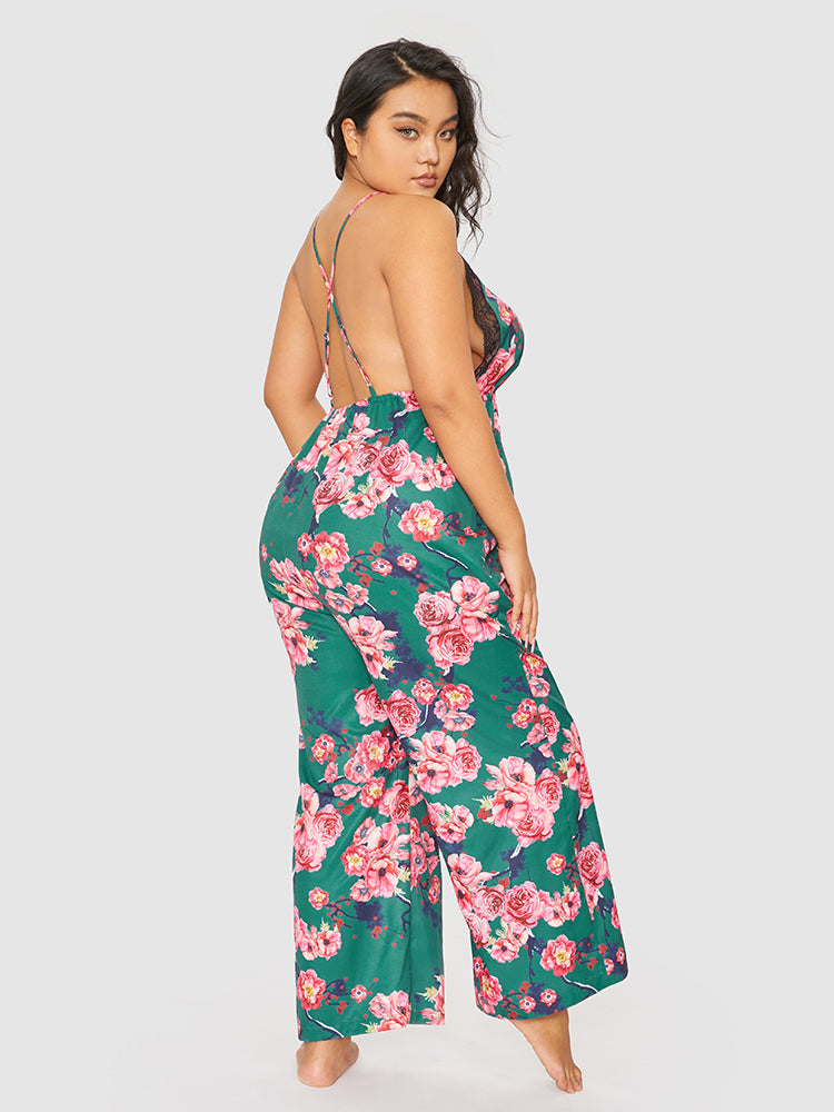 Floral Print Lace Trim Backless Lounge Jumpsuit