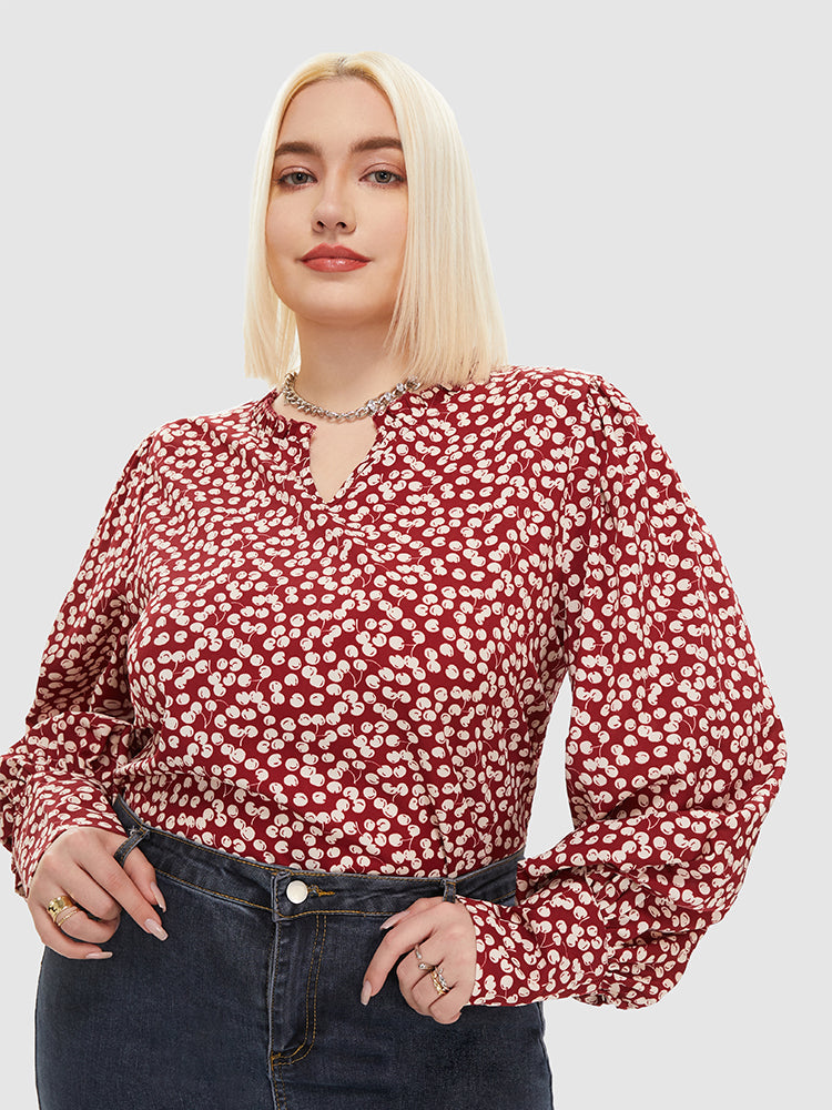 Cherry Pattern Notched Collar Blouse