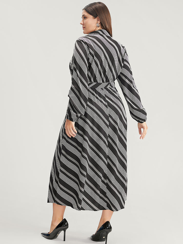 Striped Lantern Sleeve Pocket Belted Lapel Collar Dress