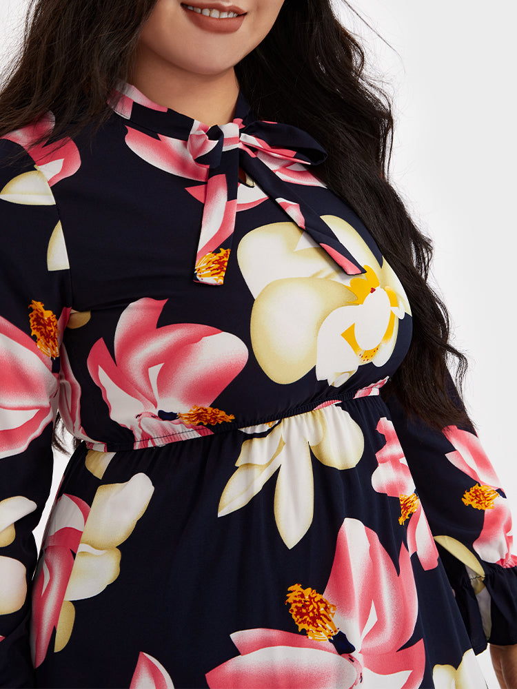 Floral Print Tie Neck Dress