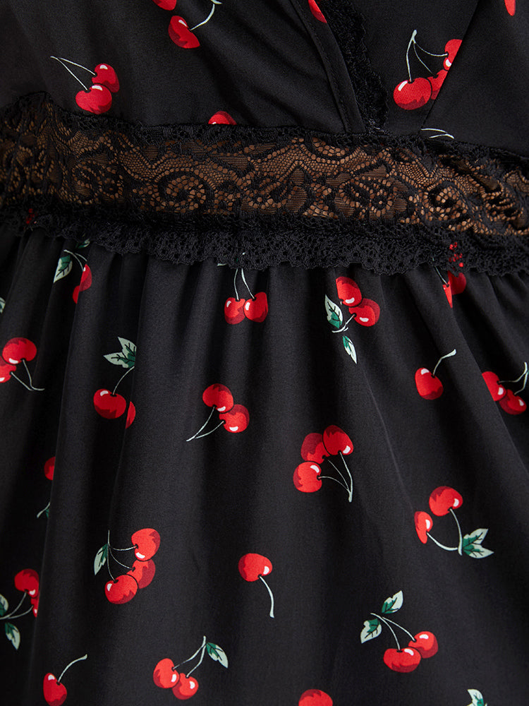 Cherry Print Insert Lace Slip Sleep Dress