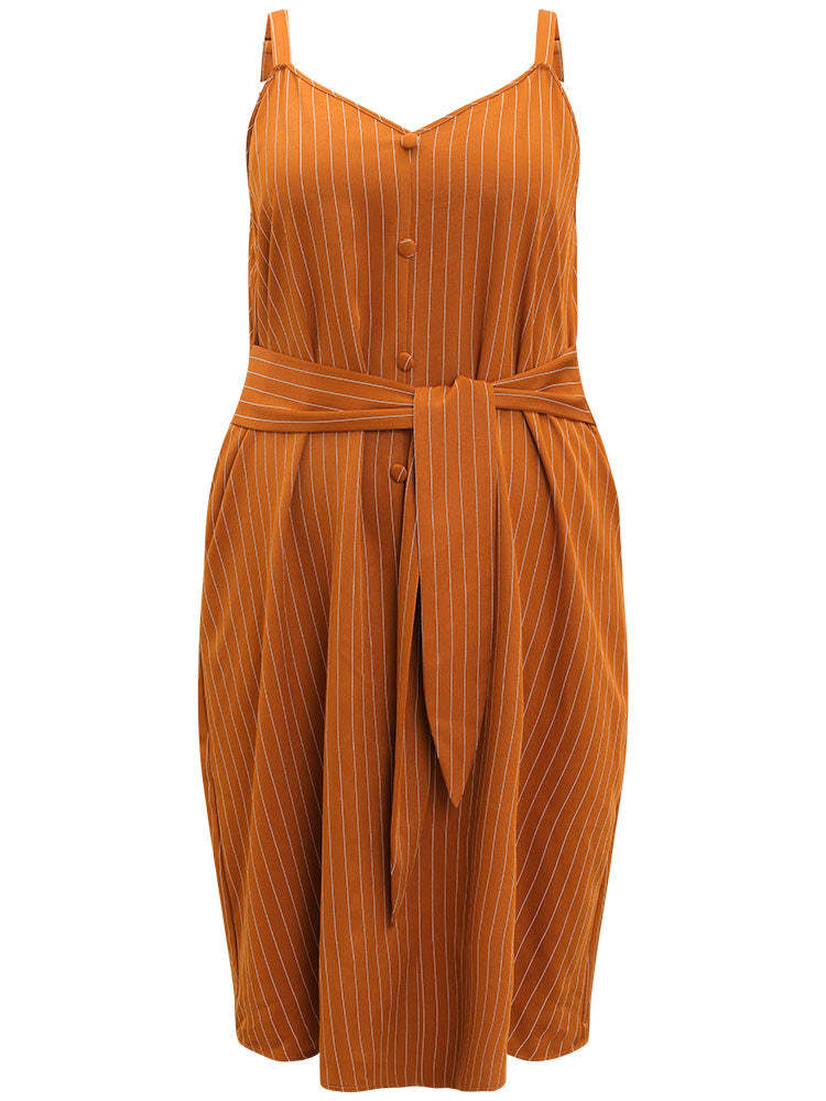 Striped Pocket Button Detail Ties Plicated Detail Cami Dress