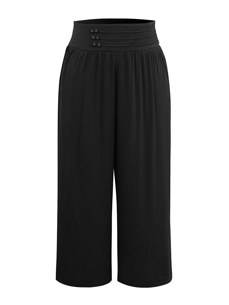 Solid Elastic Waist Button Detail Wide Leg Pants