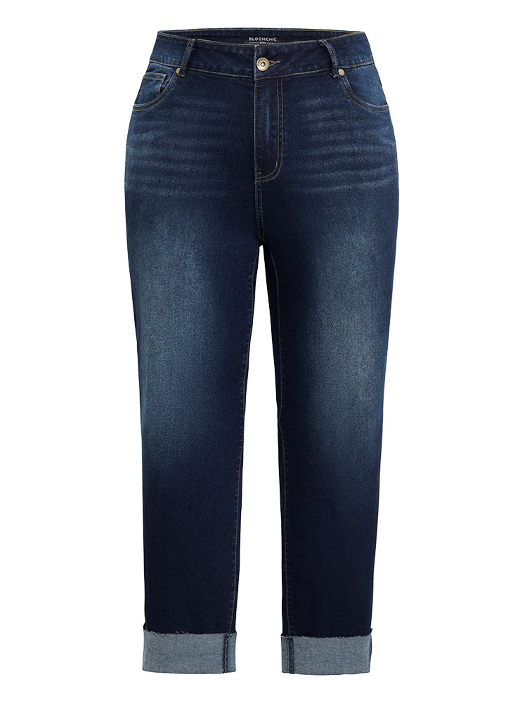 Solid Roll Hem Very Stretchy Straight Leg Jeans