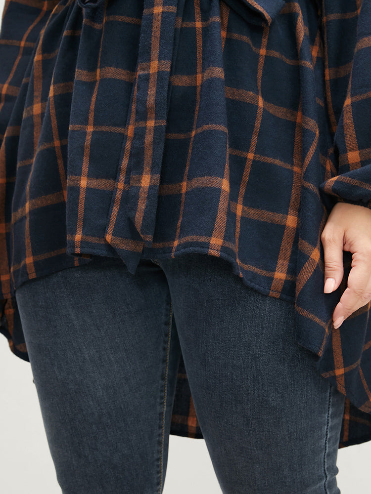 Plaid Lantern Sleeve Button High Low Hem Belted Blouse