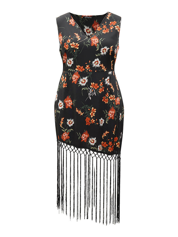 Floral Print Fringe Trim V Neck Tank Dress